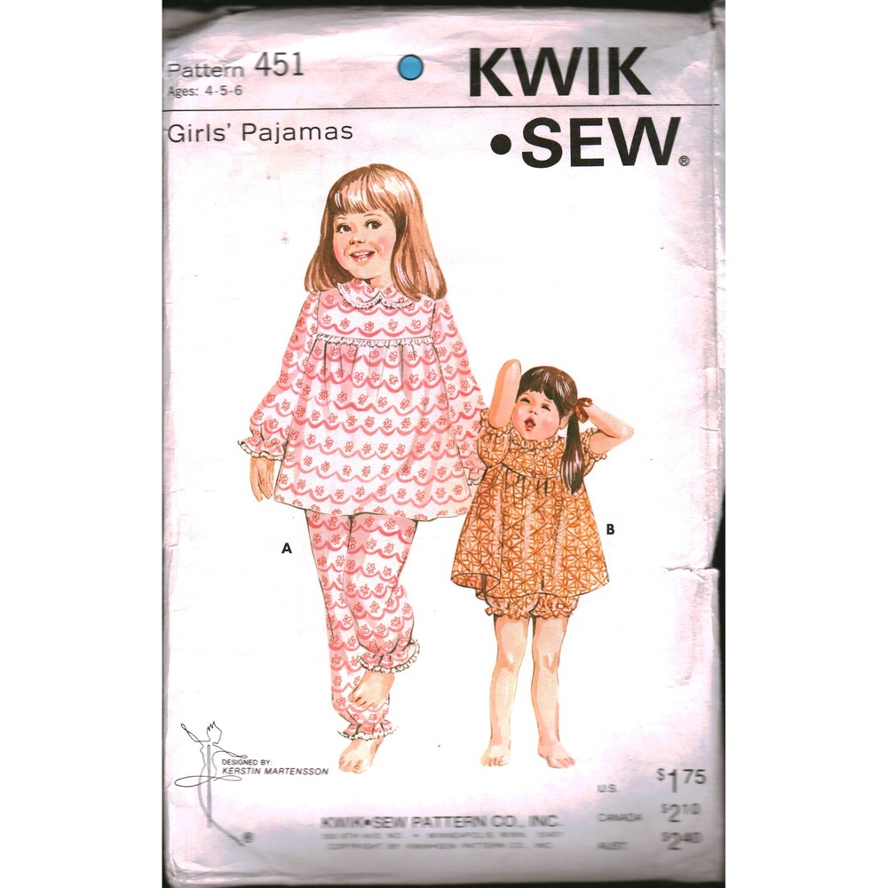 Vintage Kwik Sew 451 Girls Pajamas Pattern Kerstin Martensson Size 4 5 6 Ruffles